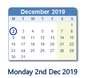 2 December 2019 calendar