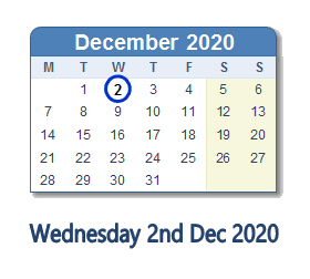 2 December 2020 calendar