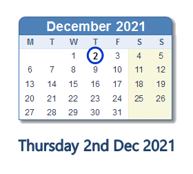 2 December 2021 calendar