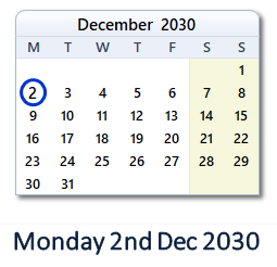 2 December 2030 calendar