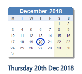 20 December 2018 calendar