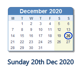20 December 2020 calendar