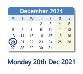 20 December 2021 calendar