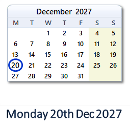 20 December 2027 calendar