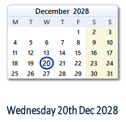 20 December 2028 calendar