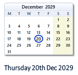 20 December 2029 calendar