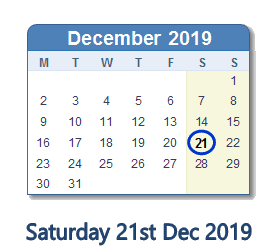 21 December 2019 calendar