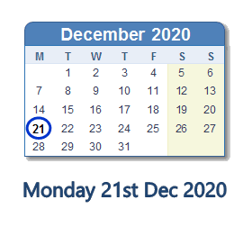 21 December 2020 calendar