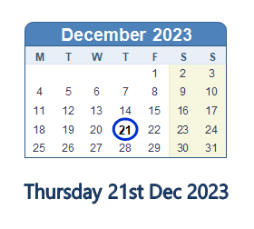 21 December 2023 calendar
