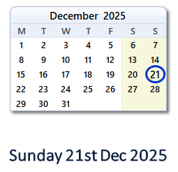 21 December 2025 calendar