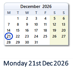 21 December 2026 calendar