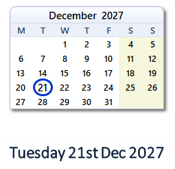 21 December 2027 calendar