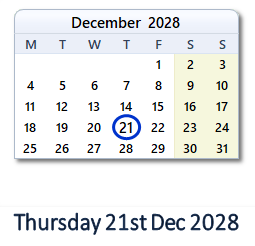21 December 2028 calendar