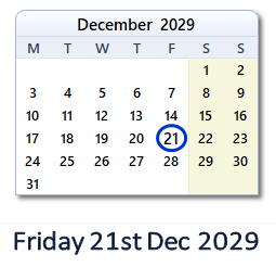 21 December 2029 calendar