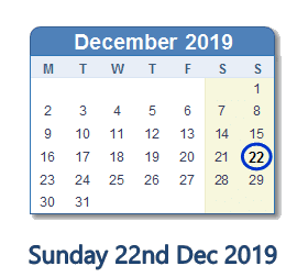 22 December 2019 calendar