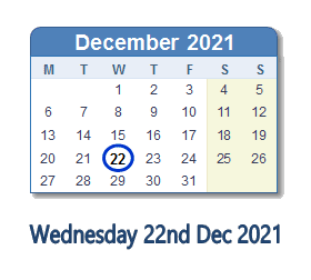 22 December 2021 calendar