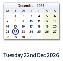 22 December 2026 calendar