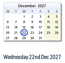 22 December 2027 calendar