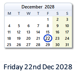 22 December 2028 calendar