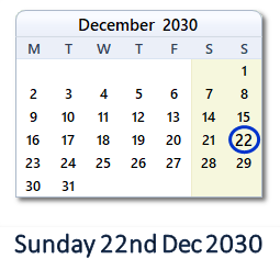 22 December 2030 calendar