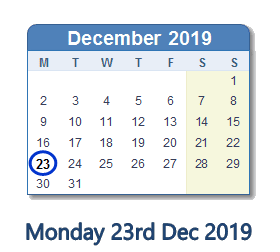 23 December 2019 calendar