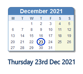 23 December 2021 calendar