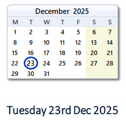 23 December 2025 calendar