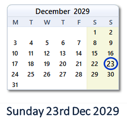 23 December 2029 calendar