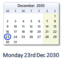 23 December 2030 calendar