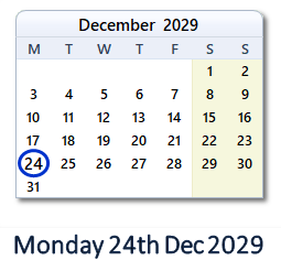 24 December 2029 calendar