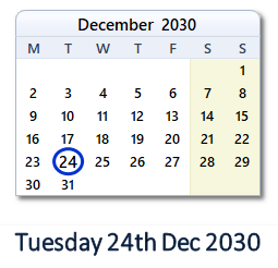 24 December 2030 calendar