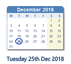 25 December 2018 calendar