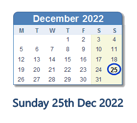 25 December 2022 calendar