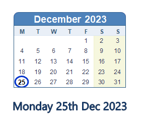25 December 2023 calendar