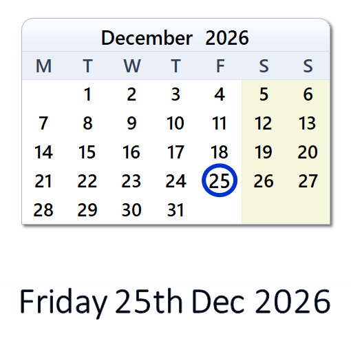 December 25, 2026 Calendar with Holiday info and Count Down - IND