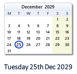 25 December 2029 calendar