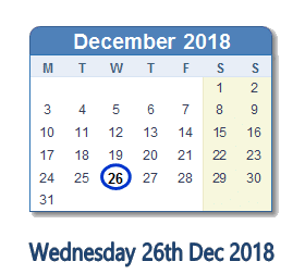26 December 2018 calendar