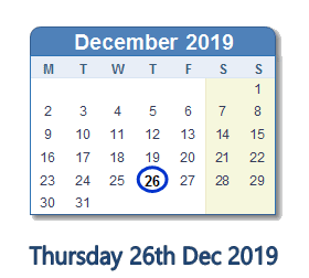 26 December 2019 calendar