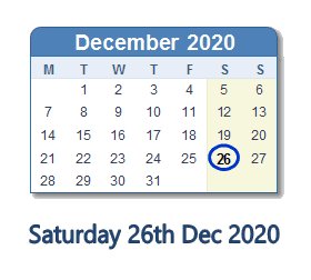 26 December 2020 calendar