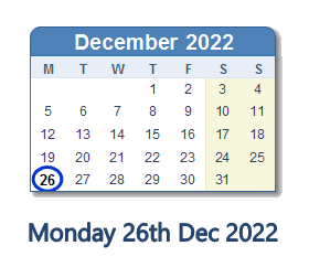 26 December 2022 calendar