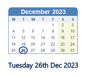 26 December 2023 calendar