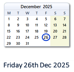 26 December 2025 calendar