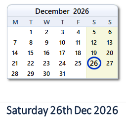 26 December 2026 calendar