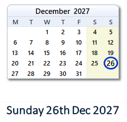 26 December 2027 calendar