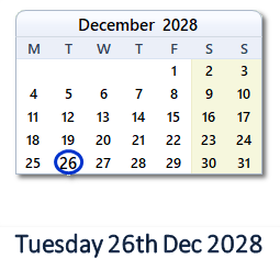 26 December 2028 calendar