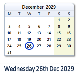 26 December 2029 calendar