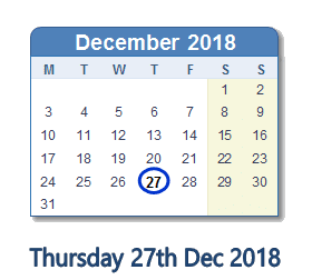 27 December 2018 calendar