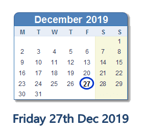 27 December 2019 calendar