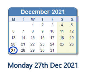 27 December 2021 calendar