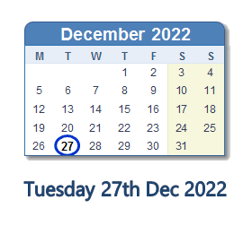 27 December 2022 calendar